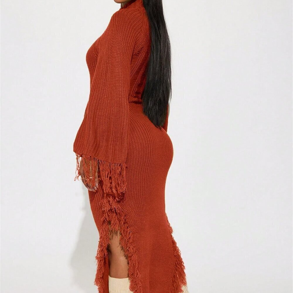 Rust Brown Casual Women's Fringe Trim Batwing Sweater maxi Dress - Picture 5 of 5